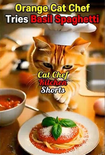 Orange Cat Chef Tries Basil Spaghetti