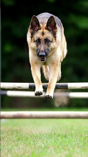 A slow motion shot of a powerful German Shepherd sprinting through an obstacle course