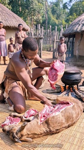 Zulu Tribe Muscular Man Cuts Goat Meat Village Feast #tribalcooking #tribalfood #shorts