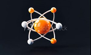 Abstract atom model with orange and white spheres orbiting a central orange nucleus against a black background.