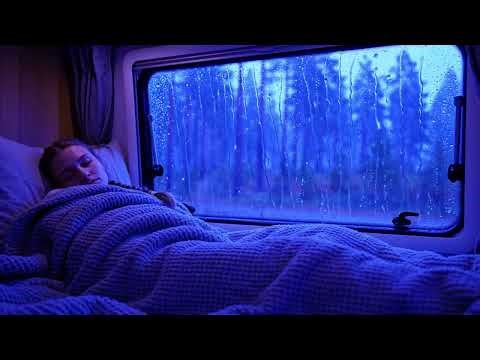 Forest night storm ambience with heavy rain on camper van window for meditation | rain sou