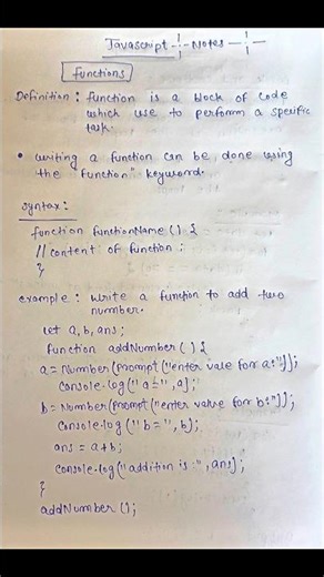 Function in javascript | javascript notes #shorts #javascript #notes