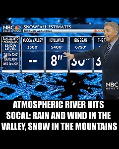 An NBC Palm Springs Weather Heads-Up! • Rain and snow with gusty winds and cool temperatures to continue over SoCal today and tomorrow • The Coachella Valley will see intermittent showers through Wednesday morning • Mountain snow totals to be measured in feet • Several weather advisories have been posted @JerrySteffen @nbcpalmsprings For more of today's top stories, go to nbcpalmsprings.com. | NBC Palm Springs