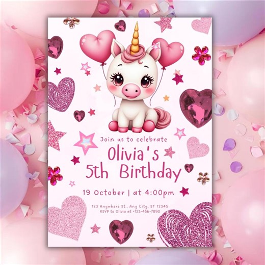 Pink Glitter Unicorn Birthday Invitation, Magical Fairytale Party Invite (digital Download) - Etsy
