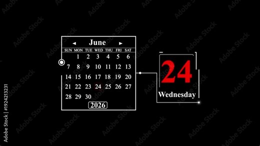 June 24, 2026, Wednesday Calendar Display. A very important date in the calendar. Signing a day on a calendar.