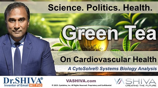 Dr.SHIVA® LIVE: Green Tea on Cardiovascular Health @CytoSolve® Systems Analysis In this presentation, Dr. SHIVA Ayyadurai, MIT PhD, Inventor of Email and Independent Candidate for President of the United States, explores the powerful benefits of the herb Green Tea for Cardiovascular Health. Using a Systems Health® approach and the CytoSolve® technology platform, he provides a scientific and holistic analysis of how Green Tea supports Cardiovascular Health. Full Blogpost: https://vashiva.com/dr-s