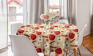 Ambesonne Apple Round Tablecloth, Quartered and Halved Apples with Cinnamon Sticks and Star Anise Diet Recipe, Circle Table Cloth Cover for Dining Room Kitchen Decoration, 60", Beige Cinnamon Red