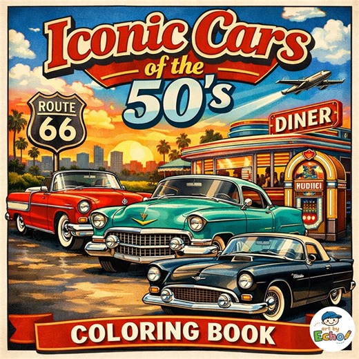 Coloring Book: Iconic Cars of the 50's | Fun and Relaxing Activity | Kid Friendly| Printable | Digital Download - Etsy