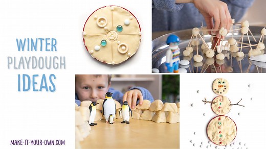 We show you 3 different winter play dough ideas to use at home or in the classroom: 1) Make your own snowman or snow woman with loose parts and nature finds. 2) Make 2 different types of snow forts and 3) Make a symmetrical snowflake These snowy play dough ideas develop one's fine motor skills and incorporate some math concepts as well (patterning, 3D geometry and symmetry), making them great for preschoolers and kindergarteners! Find the RECIPE and details here: http://make-it-your-own.com/3-wi