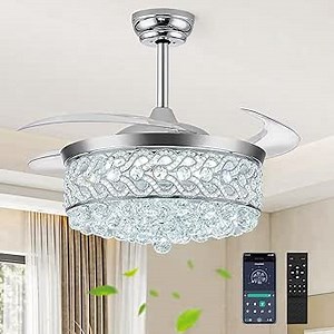42 inch Crystal Fandelier Ceiling Fan with Light, Retractable Chandelier Ceiling Fan with Lights and Remote for Bedroom Living Room, Dimmable, Quiet DC Motor