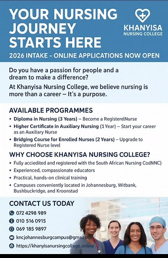 YOUR NURSING JOURNEY STARTS HERE — 2026 INTAKE ONLINE APPLICATIONS NOW OPEN ! Do you have the passion to care for others and the dream to build a respected career in healthcare? Khanyisa Nursing College is now accepting applications for 2026 — and this could be your moment to begin a life-changing path. Available Programmes: Diploma in Nursing (3 Years) – Become a Registered Nurse Higher Certificate in Auxiliary Nursing (1 Year) – Start your career as an Auxiliary Nurse Bridging Course for Enrol