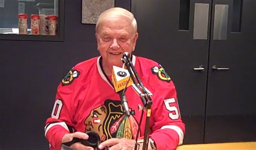Orion Samuelson celebrates his 50th anniversary in a Blackhawks jersey