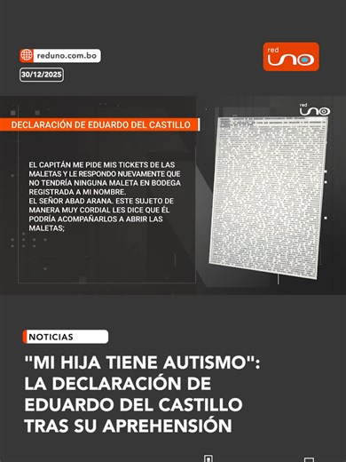 #Nacional | “Mi hija tiene autismo”. Tras su aprehensión en Viru Viru, Eduardo del Castillo aseguró ante la Felcc que su viaje a Chile tenía un fin estrictamente médico, para una consulta neurológica de su hija menor. Denunció vulneración de derechos, uso excesivo de la fuerza y afirmó que sus hijas entraron en crisis emocional durante el operativo. ▶️ Más información en: www.reduno.com.bo #RedUno #RedUnoDigital #Notivisión #Noticias #Viral #Bolivia