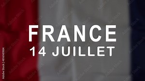 Happy Bastille Day Lettering Text Animation. Handwritten text animated with firework ornament in white color on the waving French flag background. Great for Celebrations of French society