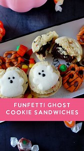 Funfetti Ghost Cookie Sandwiches aka Casper Cookie Sandwiches 👻👻 I didn’t remember this movie at all, but now I need a Casper sequel. Cookie Sandwich info below: 1 box Halloween Funfetti cake mix 2 eggs 1/2 cup vegetable oil 1 stick of salted butter 2 cups powdered sugar 1 tsp vanilla extract 2–3 tbsp heavy cream 1/4 cup dark cocoa powder 11–12 ghost-shaped marshmallows Preheat your oven to 350°F and line two baking sheets with parchment paper. In a medium bowl, combine the cake mix, eggs, and