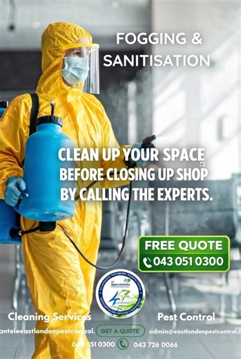 Pest Control, Cleaning & Hygiene Specialists-East London Branch Call 043 051 0300 or WhatsApp now for a FREE QUOTE 27 72 600 8133 📲* https://www.facebook.com/PestCleaningSpecialist | East London Online South Africa