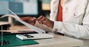 Hands, calculator and woman with documents in office for finance budget plan for company. Paperwork, revenue and female accountant calculating tax return profit for business by desk in workplace.
