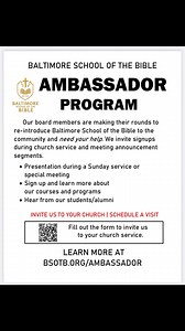 Hello Friends and Happy Tuesday‼️ Have you heard the news? BSOTB has started an ambassador program! In an effort to reintroduce the Baltimore School of the Bible to the community, we are soliciting your help. If you would like to invite us to your church for a brief presentation, please use this link https://form.jotform.com/252301485655154 | The Baltimore School of the Bible | Facebook