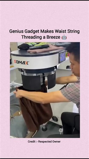Explainer City™ on Instagram: "This 14-second video showcases a clever industrial machine in a factory or workshop designed to solve a common tedious task: threading drawstrings through pants. The Action: A pair of pants is first secured at the bottom of a circular rotating machine. A thin, needle-like metal rod then glides effortlessly through the waistband tunnel, emerging from the other side in seconds. - The Process: Once the rod peaks out, the operator attaches a drawstring to its tip. With