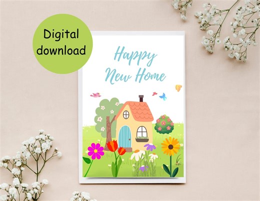 Printable Happy New Home Card | 5x7 Cozy Cottage Greeting Card | PDF / JPEG Files | Butterflies and Birds | Housewarming Gift | - Etsy
