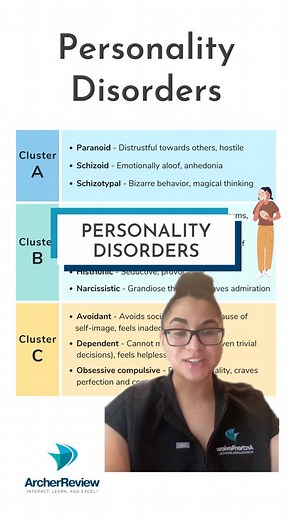 Personality disorders are complex disorders that are divided into 3️⃣ main categories: Cluster A, B, & C! 👉 Cluster A (odd, eccentric) - Includes paranoid, schizoid, and schizotypal personality disorders 👉 Cluster B (erratic, dramatic) - Includes borderline, narcissistic, histrionic, and antisocial personality disorders 👉 Cluster C (fearful, anxious) - Includes avoidant, dependent, and obsessive-compulsive personality disorders 📌 Save this chart to study key points about the different types,