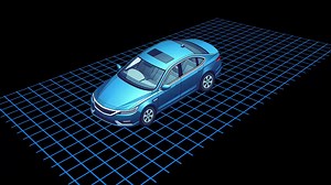 Download blue car in cartoon style, isometric view with grid road on black background for free