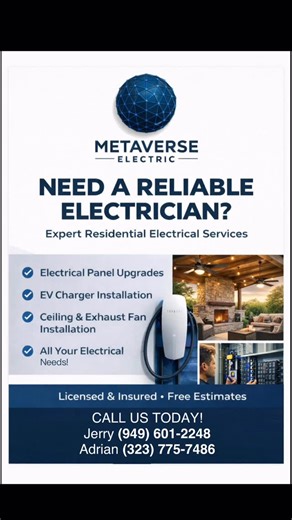 Metaverse Electric on Instagram: "Need a reliable electrician you can trust? Metaverse Electric specializes in residential electrical work including panel upgrades, EV charger installation, ceiling and exhaust fans, troubleshooting, and maintenance. Licensed and insured with free estimates. Call or DM us to get on the schedule. #MetaverseElectric #ResidentialElectrician #ElectricianLife #LicensedElectrician #PanelUpgrade EVChargerInstallation HomeRemodel ElectricalWork ElectricalServices HomeImp