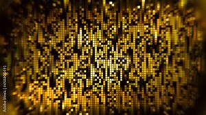 Pixel background of golden rain. Motion. Bright background with pixels moving downwards. Background of golden mosaic pixels moving like rain