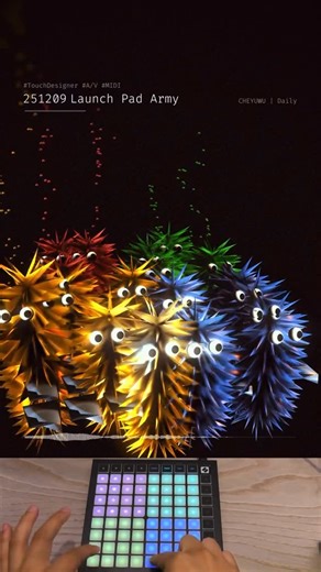 TouchDesigner on Instagram: "repost @cheyuwu345 251209 Launch Pad Army I developed a Launchpad midi module and play with my mystery uni monsters. When the pad is triggered, it will go through an event ADSR to make multiple sync interactions that make the monster stare at you. created using @touchdesigner MIDI controller - Launch Pad Mini #daily #generative #touchdesigner #algorithmicart #cheyuwu"