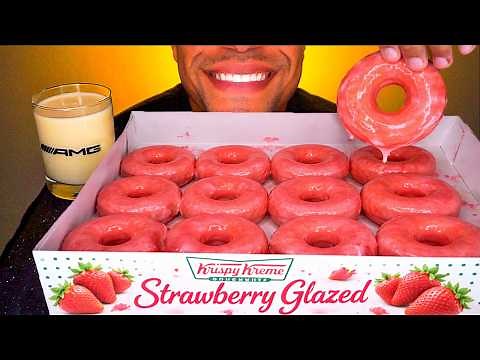 ASMR KRISPY KREME STRAWBERRY GLAZED DONUTS MUKBANG MOUTH SOUNDS BIG BITES JERRY NO TALKING