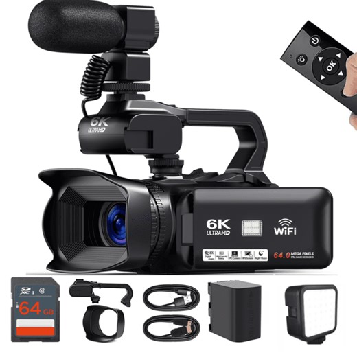 Acuvar 6K HD Camcorder Video Camera, 64MP 60FPS Camcorder Video Camera 6K with Mic, WiFi, LED Light, 64GB SD Card, Battery, Live Stream Webcam
