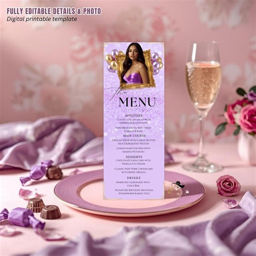 Purple Birthday Dinner Menu, Sweet 16 Party Menu With Photo, Elegant Retirement Menu Card, Quinceañera Menu Template, Printable Food Menu - Etsy