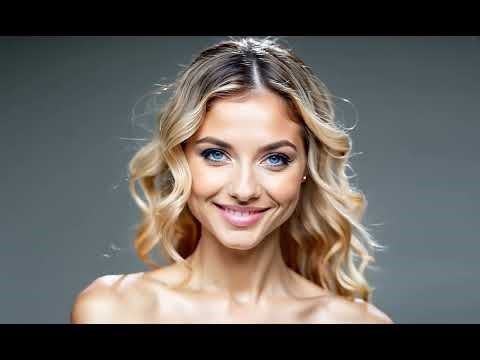 attractive blonde model smiling on gray background