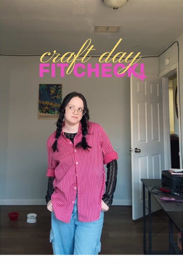 craft day fit check ⭐️ absolutely obsessed with this pink button up shirt I thrifted towards the end of summer. the vertical stripes are so cute! layered it with a mesh long sleeve with lace details. it’s colorful, it’s whimsical and sooo comfy. #fitcheck #whimsical #ootd