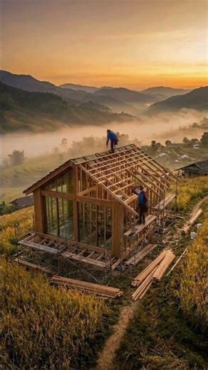 🔥 Sunset Mountain Wooden Cabin with Cantilever Balcony | Full Construction Timelapse in 4K 🌄🏡