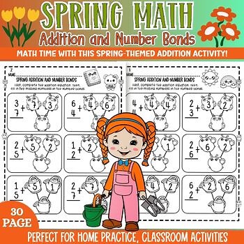 Spring Addition and Number Bonds Worksheets, Add Within 10 Using Visual Math