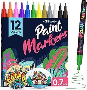 Permanent Oil Based Paint Markers: Fine Point Oil Paint Pen, 12 Colors Fine Tip Waterproof Marker Pen for Rock Painting, Mark Metal, Engineer Detail Work, Wood Craft, Christmas Gift, Porcelain