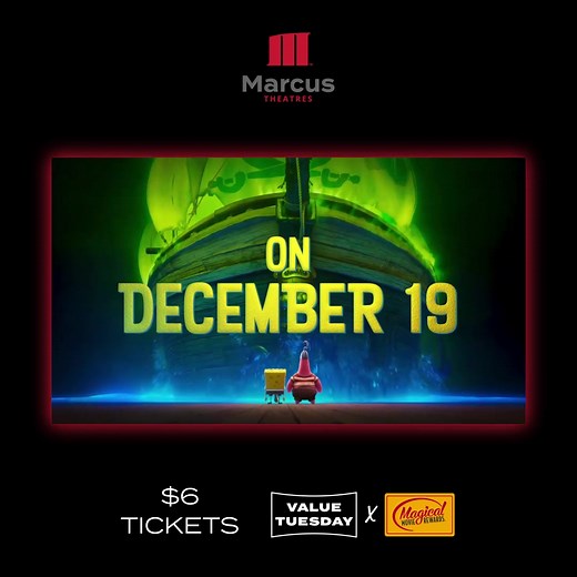 Plan ahead and save: grab your Value Tuesday tickets now for SpongeBob’s new movie. | Marcus Theatres
