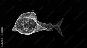 3D Shark with open mouth rotates on black background. Object made of shimmering particles. Wild animals concept. For title, text, presentation. 3d animation 60 FPS
