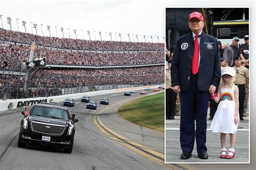 Donald Trump cheered as he arrives at Daytona 500 flanked my Secret Service