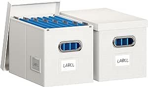 Hanging File Box with Lid, Set of 2 Filing Organizer Storage Box, Linen Collapsible Decorative Office/Home File Cabinet (14x9.3x10.9 inch) (Off White)