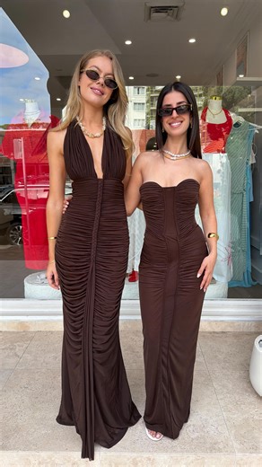 G I R L S W I T H G E M S on Instagram: "A chocolate dream 🤎🍒 Designed with the female form in mind, Misha’s Halsey Braided Dress and Totem Jersey Midi feel as good as they look. Shop now."