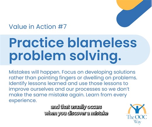 🔄 Value in Action #7: Practice Blameless Problem Solving. When mistakes happen, it's easy to point fingers, but assigning blame can distract us from finding effective solutions to our problems, causing us to focus more on ourselves than those who need our help. In this clip, Julie Ford, our Oviedo Branch Manager, shares how blameless problem solving has improved her ability to assist those around her. 🌟 #BlamelessProblemSolving #ConstructiveSolutions #LeadershipDevelopment | Orlando Orthopaedi