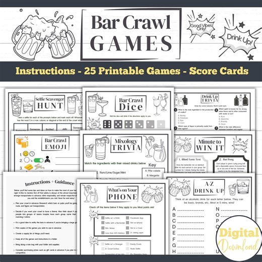 Bar Crawl Games | Adult Drinking Games | Pub Crawl Games | Find Someone Who Game | Scavenger Hunt | 25 Printable Bar Crawl Games | Bar Bingo - Etsy