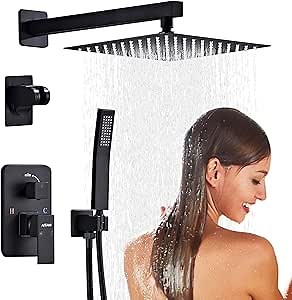 Shower System Black -10 Inch High Pressure Rain Shower Heads with Handheld Spray Combo Shower Faucet Set with Pressure Balanced Rough-in Valve, Wall Mount Bathroom Shower Set fit All Valve Types