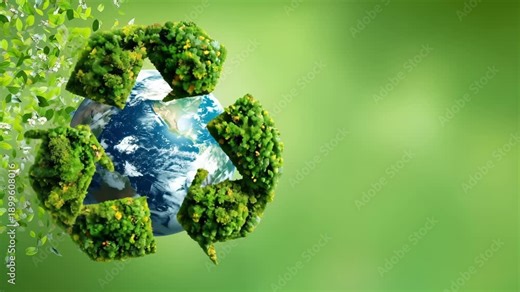 Green background with a globe surrounded by a recycling symbol made of plants. Environmental preservation and sustainable practices