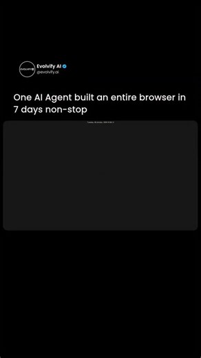 Evolvify AI on Instagram: "One AI. Seven Days. A Browser. Recently, an AI experiment by Cursor made waves in the tech world. A single autonomous AI agent ran non-stop for a full week, attempting to build a browser from scratch. Yes — no humans coding alongside it, just AI planning, writing, and testing millions of lines of code. The experiment wasn’t just about building software — it was a proof of concept. It showed how AI agents could work continuously on complex projects over long periods. Im