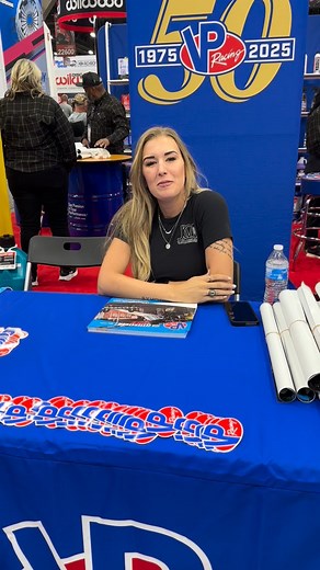 The one and only @dragsterfia is in the @vpracingfuels booth signing hero cards! 🔥 | VP Racing Fuels