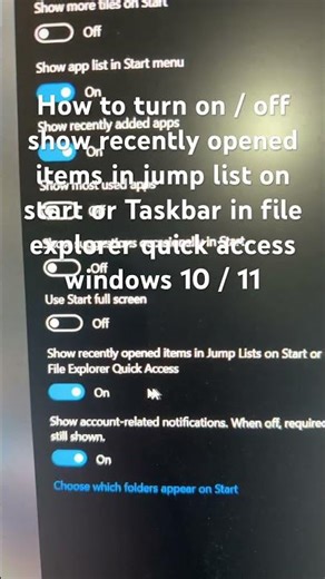 How to turn on / off recently opened items jump list on start or Taskbar in file explorer windows 10