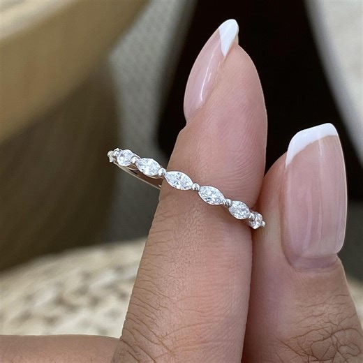 0.4ct E/VVS2 Marquise Cut Lab Created Diamond Half Eternity Ring 14K White Gold 2-prong Setting Certified Delicate Jewelry for Daily Wear - Etsy